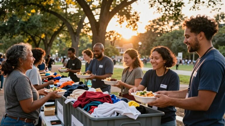 Illustrative photo: volunteers handing out free food clothing community park event